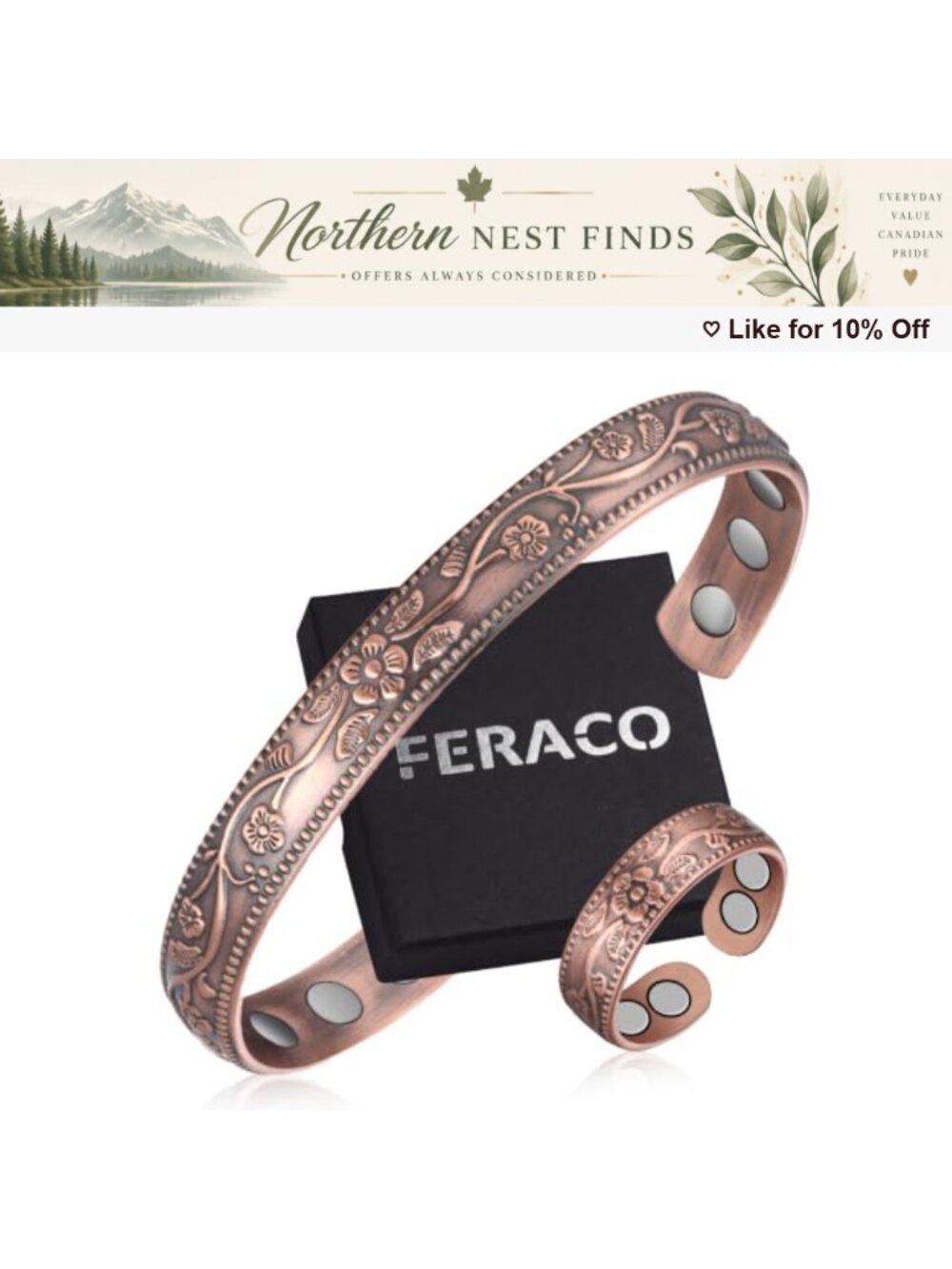 99.99% Pure Copper Magnetic Bangle Bracelet Ring Set Vintage Flower Adjustable